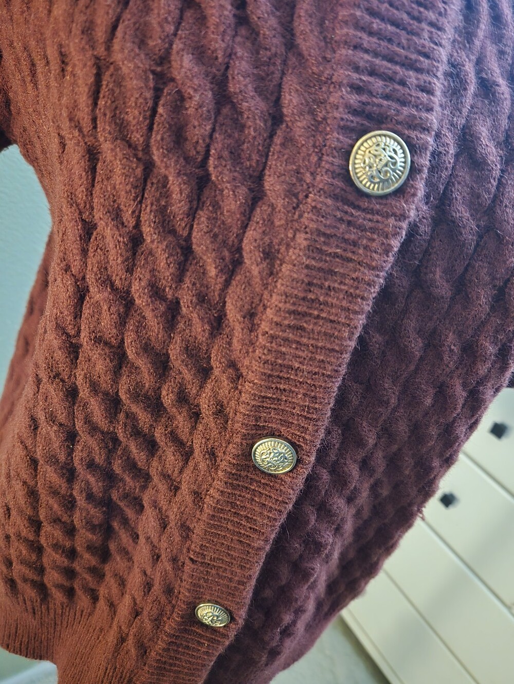 Women's Short Sleeved Maroon Cableknit Cardigan - Picture 3 of 7